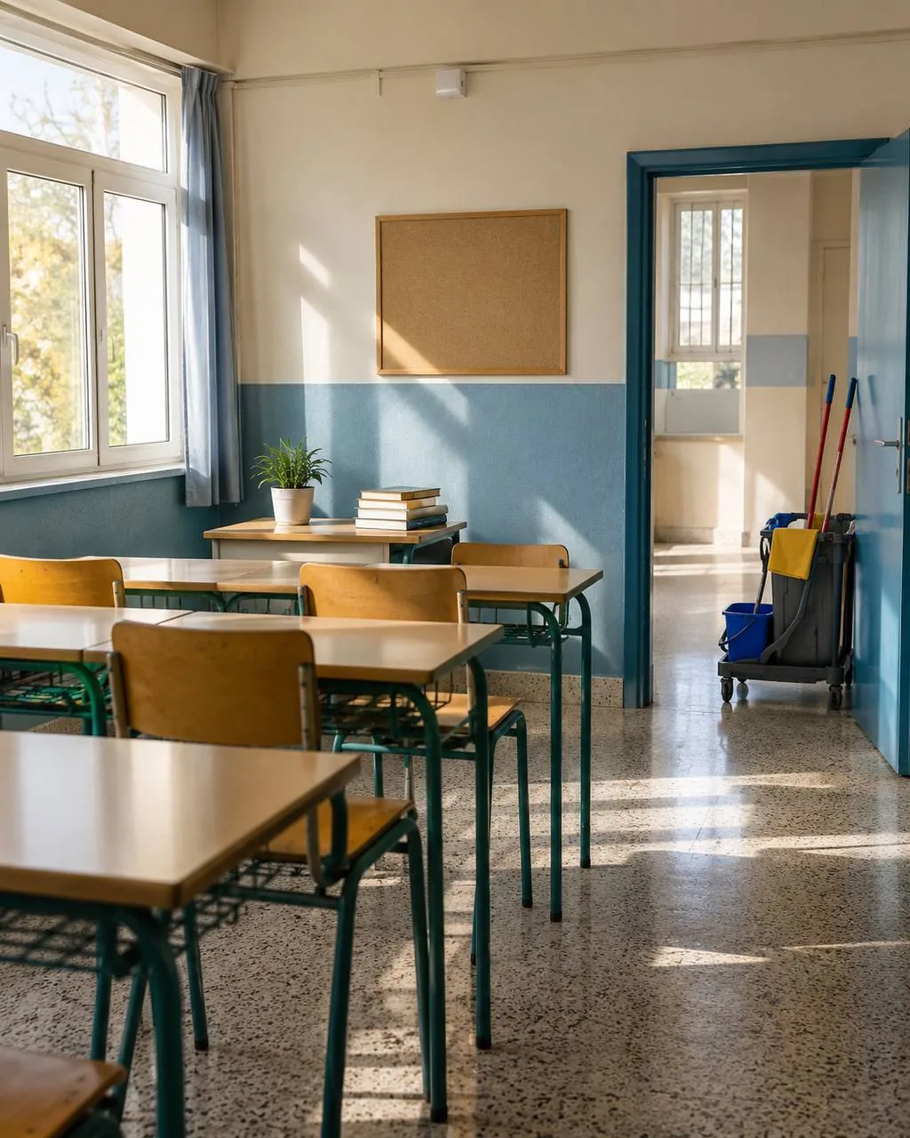 Καθαρή σχολική αίθουσα με εξοπλισμό καθαριότητας έξω από την πόρτα